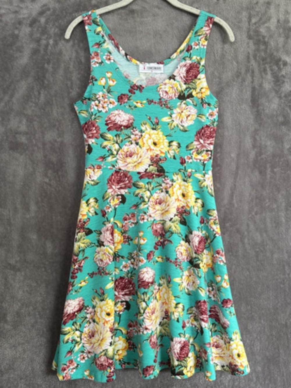 Tomsware Women’s Floral Tank Dress Teal Fit & Flare Size Medium